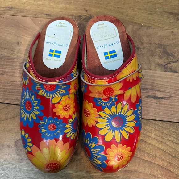 Moheda Toffeln Women's Real Leather Slip On Floral Wooden Clogs Sz 41 Multicolor - Picture 6 of 10